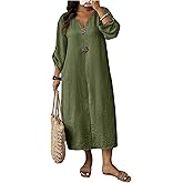 winkbay Women's Plus Size 3/4 Sleeve Dress Casual Button Front Notched V Neck Midi Vacation Dresses