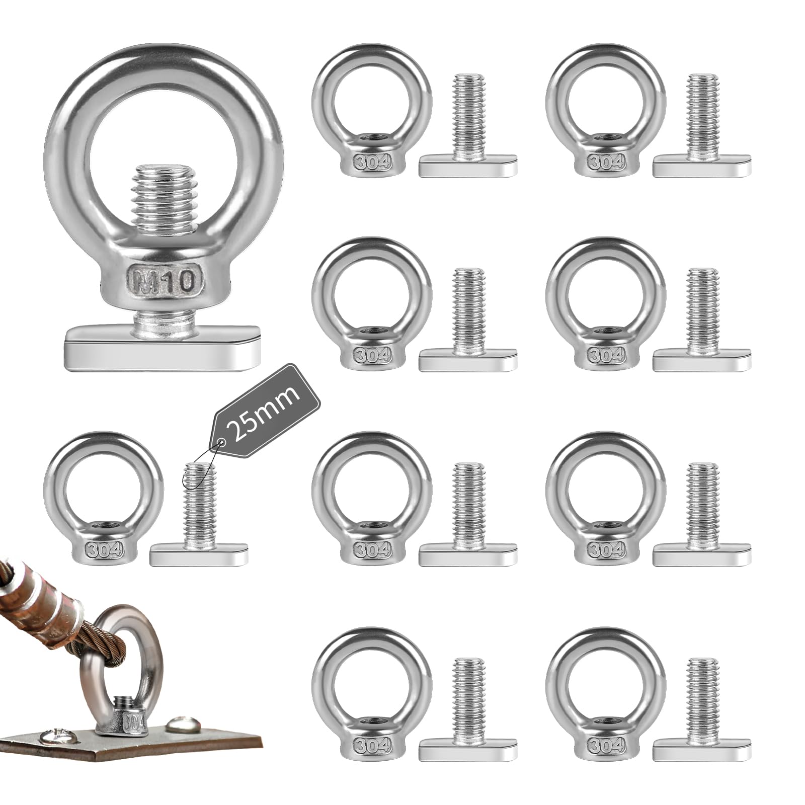 EXLECO Pack of 10 M10 Ring Nuts M10 x 25 mm Hammer Head Screws Stainless Steel Eye Bolts Eye Screw Eyelets Stainless Steel Eye Nut Plant Holder Lashing Eyelets for Trailers Greenhouse Cucumbers