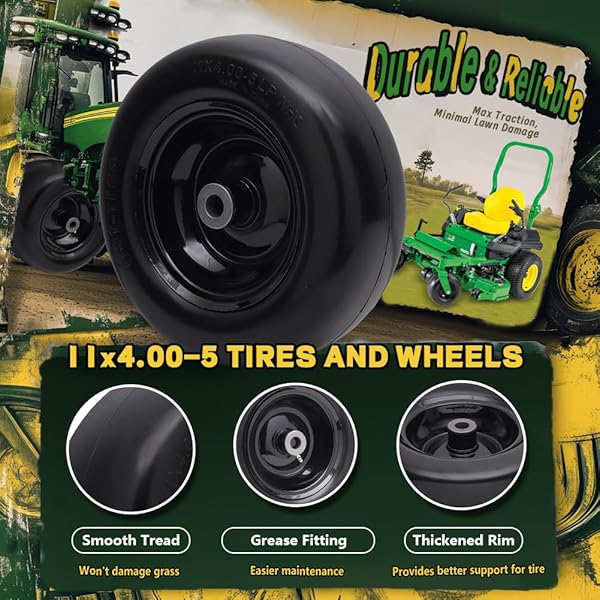 WILTIRE 11X4.00-5 FLAT FREE TIRE AND WHEEL (2 PACK),UNIVERSAL 11X4-5 SOLID SMOOTH TRACTOR TURF TIRE WITH RIM, 3.4″ CENTERED HUB AND 3/4″ & 5/8″ BUSHING, FOR ZERO TURN MOWERS AND RIDING LAWN MOWER