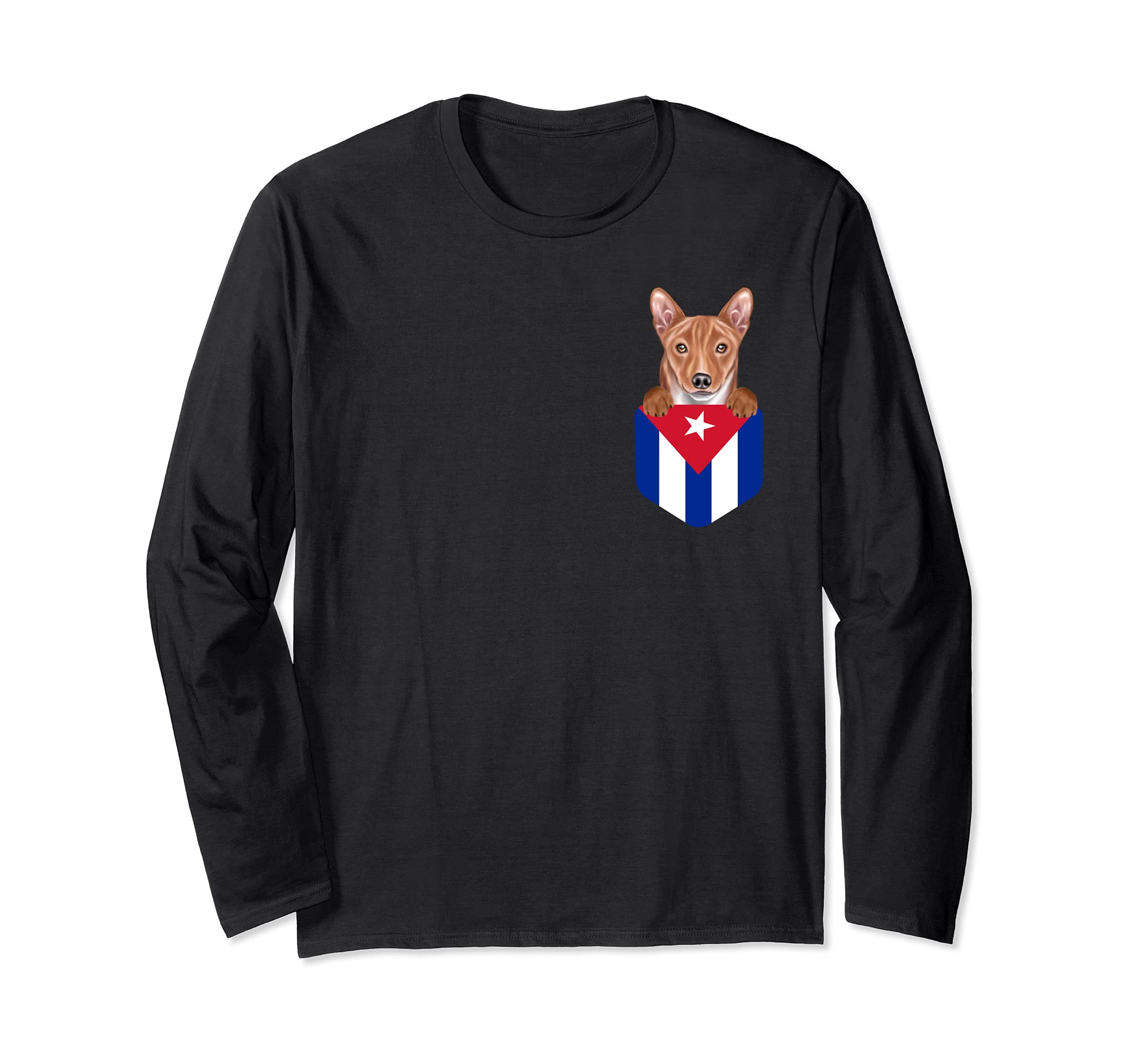 Cuba Flag Basenji Dog In Pocket Long Sleeve T-Shirt