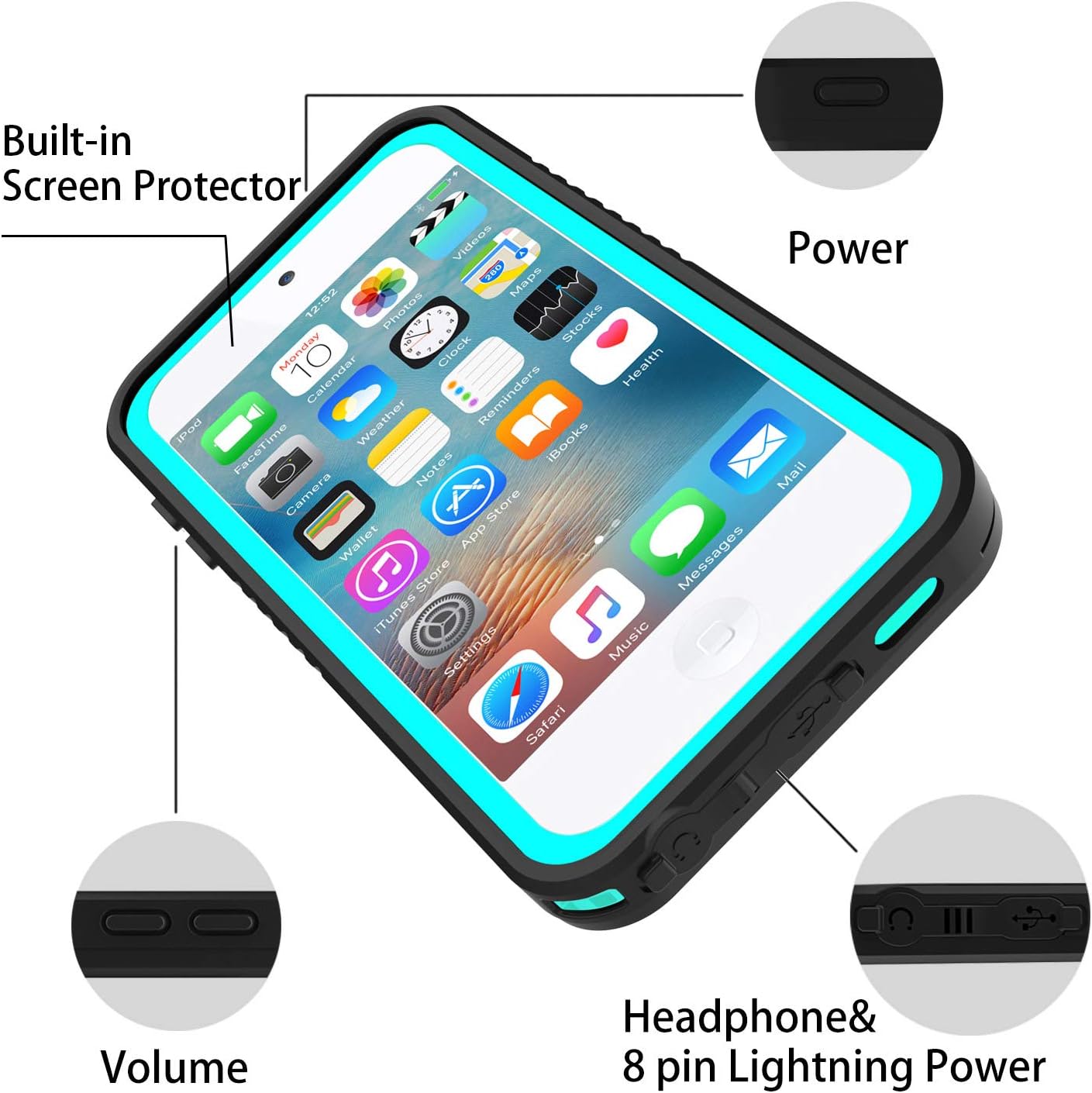 iPod Touch 7 Touch 6 Touch 5 Waterproof Case, BESINPO Full-Body Protective Built-in Screen Protector Dustproof Shockproof Anti-Scratch Cover Case Compatible with Touch 7th/6th/5th Generation: Home Audio & Theater