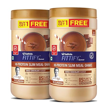 Saffola FITTIFY Gourmet HI PROTEIN SLIM MEAL-SHAKE Swiss Chocolate Buy 1 Get 1 Free 420 gm (12 servings)