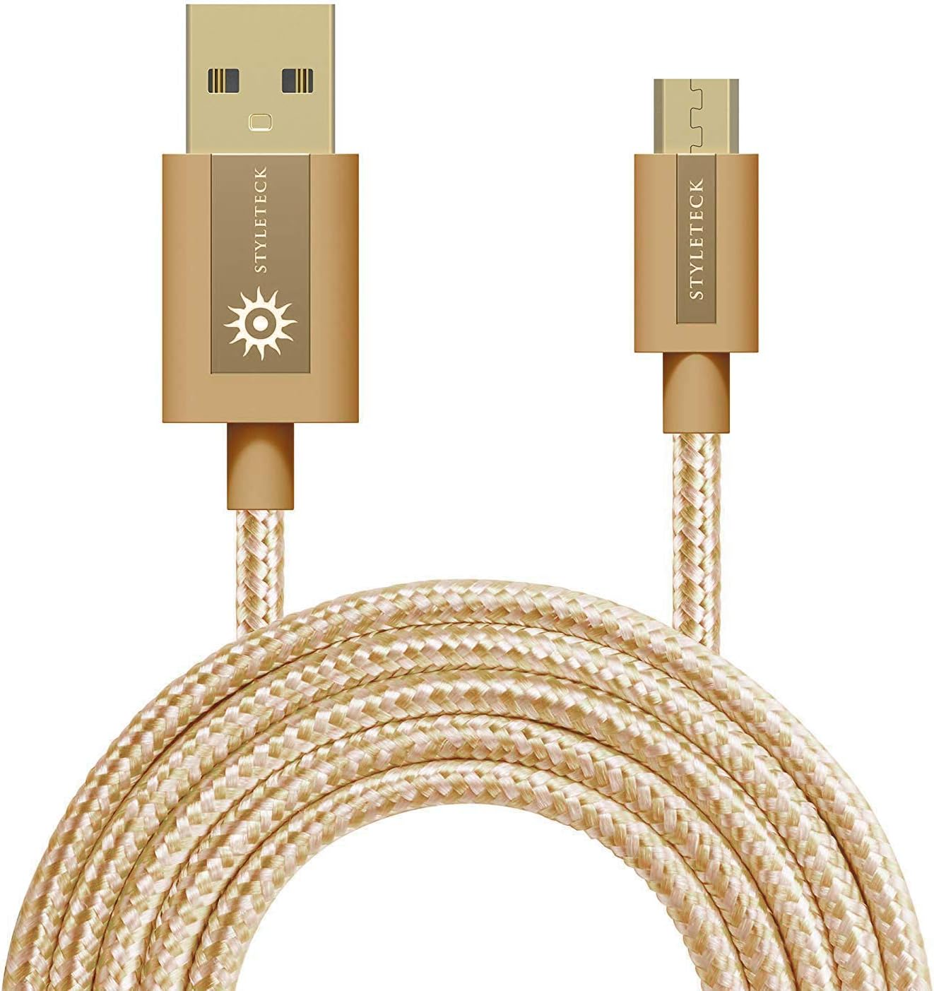 STYLETECK Micro USB Cable 3M, High Speed 2.0 Nylon Braided Android Charger Cord, Fast Charge Data Sync Lead Compatible with Samsung Galaxy S7/ S6 Edge, LG, OnePlus, Nexus, PS4, Xbox and More – Gold