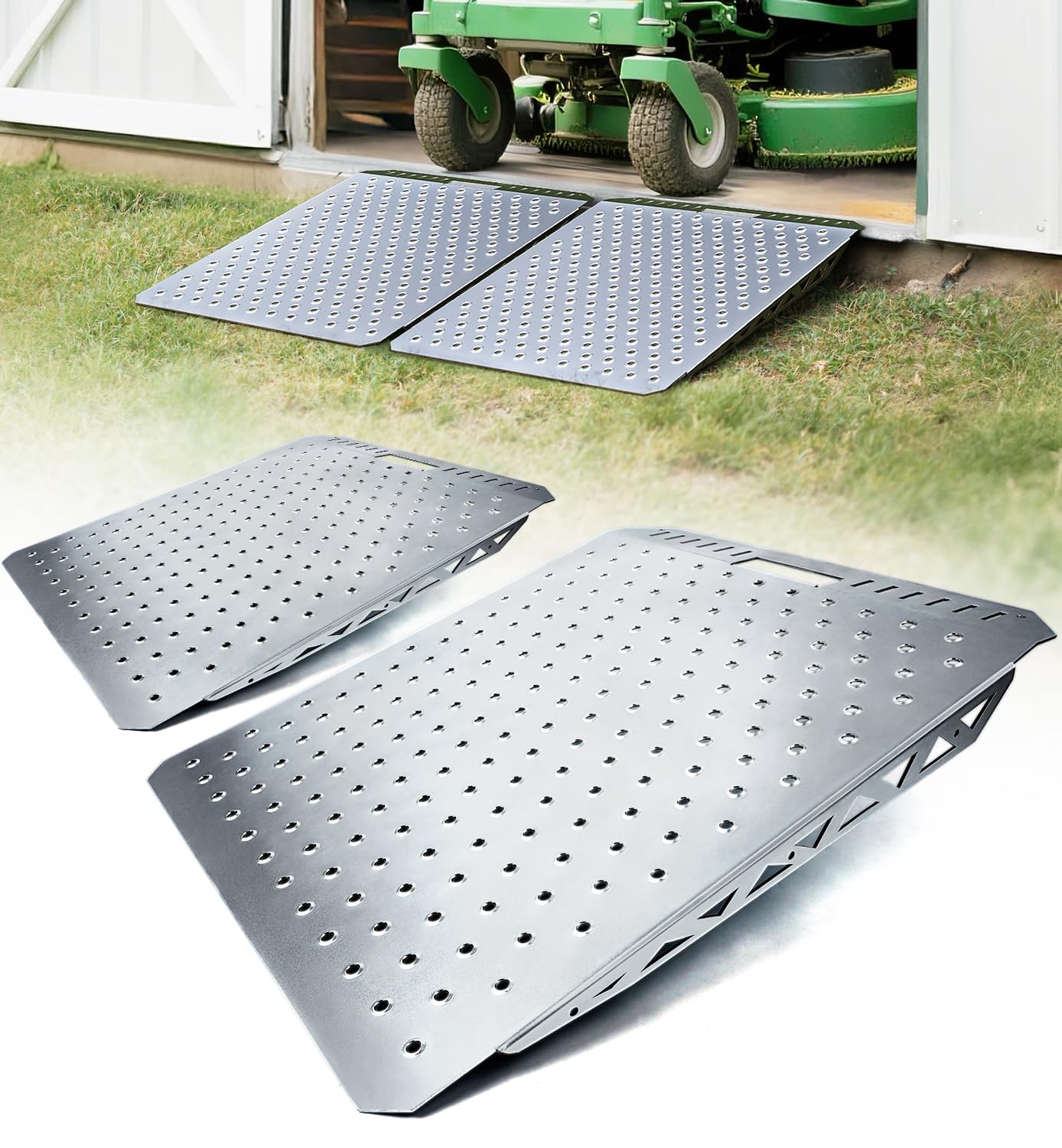 Photo 1 of Toplamper Heavy-Duty Shed Ramp for Riding Mower, Ramps for Sheds Garage Threshold Doorway Lawn Mowers Tractor Snow Blower Wheelchairs Garden Cart, 1500LBs Loading Anti-Slip Punch Plate Ramp - 2 PCS