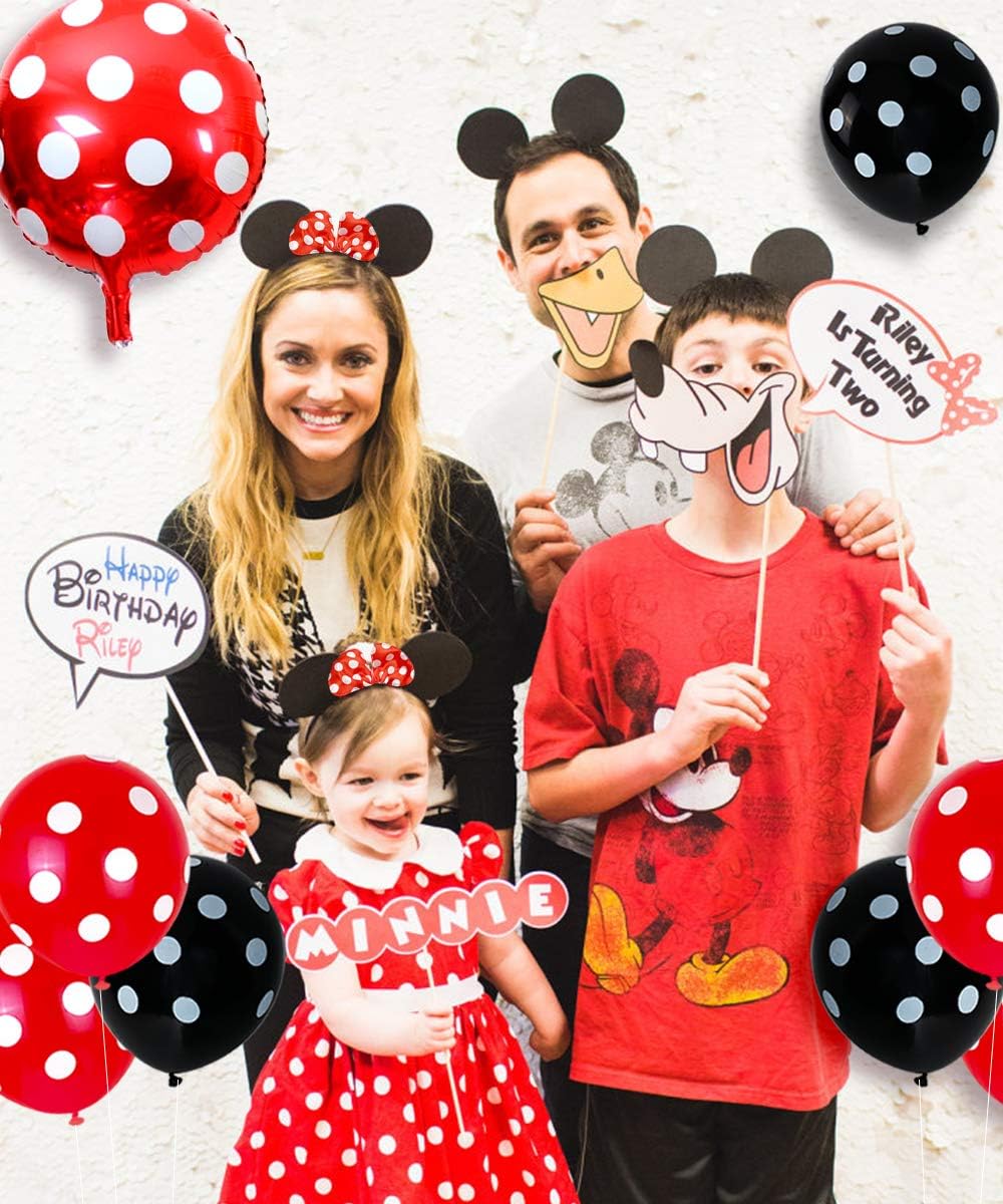 2nd Birthday Decoration Set Themed of Minnie Mouse Red and Black, Oh Twodles Happy Birthday Banner Ear Headband Second Birthday Party for Girl: Toys & Games