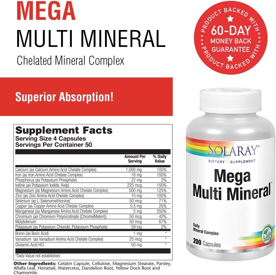 Solaray Mega Multi Mineral | 200 Capsules: Health & Personal Care