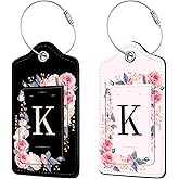 2 Pcs PU Leather Luggage Tag for Suitcases with Privacy Shield and Name ID Tag Address Card Travel Cruise Luggage Tag, Suitable for Men and Women Baggage Handbag Backpack,Flower and Monogram(Letter K