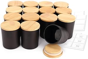 ANTIMBEE 15-Pack 6oz Glass Candle Jars with Airtight Bamboo Lids, Bulk Matte Black Empty Candle Vessels with Labels for Making Candles - Dishwasher Safe