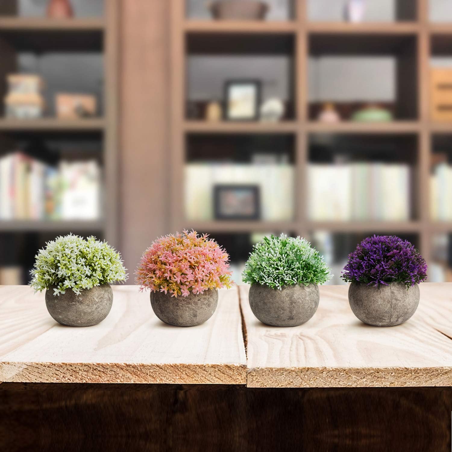 MoonLa Artificial Plants Potted Faux Fake Mini Plant Colorful Flower Topiary Shrubs in Gray Pot for Bathroom Home House Decor (Set of 4) -