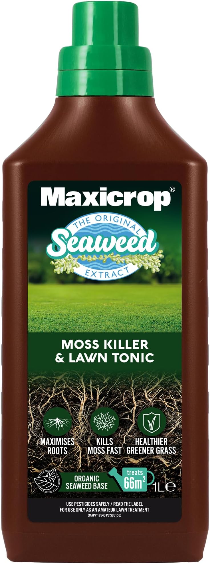 Maxicrop Moss Killer and Lawn Tonic 1L - 2 in 1 Seaweed Base Ferrous Sulphate