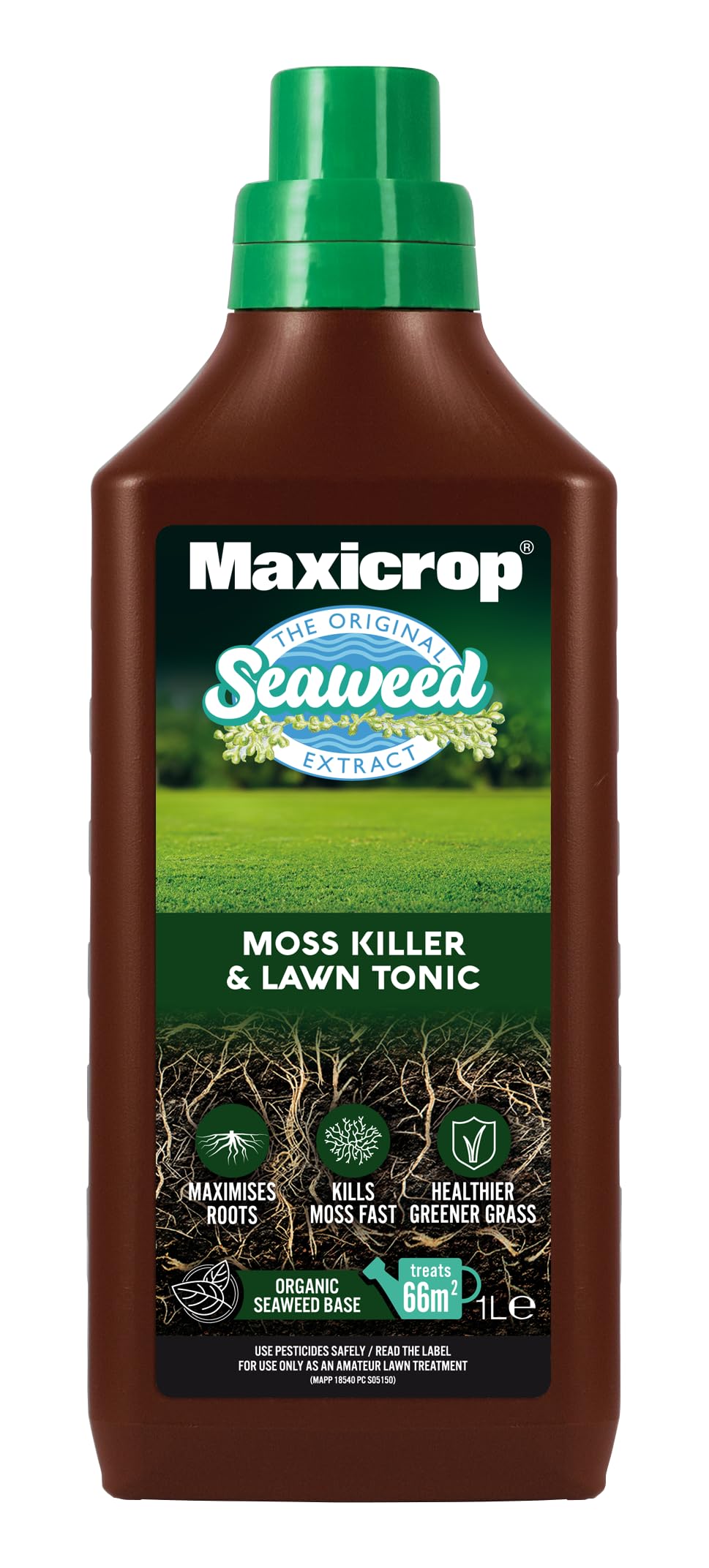 Maxicrop 86600258 Moss Killer & Lawn Tonic, 1L - Fast Acting 2-in-1 Moss Killer and Lawn Re-Growth Tonic - with Natural Seaweed Extract - Improves Lawn Health and Strong Rooting - Garden Care — image 1