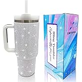 XMYAINA 40oz Bling Tumbler with Handle and Straw Lid Rhinestone Studded Tumbler Cups Vacuum Insulated Stainless Steel Double Wall Water Bottle Travel Mug Gifts for Women Her (Pearl White)