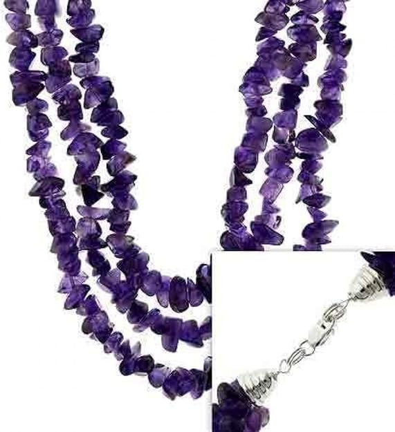 Sterling Silver .925 Genuine Amethyst Stone Chip Three Strand Necklace