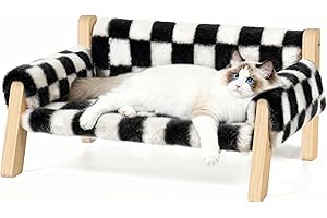 FAMIDGE Elevated Cat Couch Bed for Indoor Cats - Wooden Pet Sofa with Removable Washable Thick Cover Raised Kitty Lounge Chair Suitable for Puppy or Small Animals(Cat Sofa Chessboard)