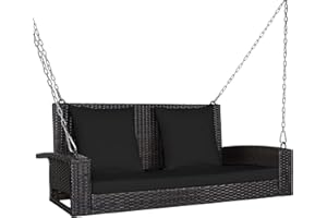 Happygrill Porch Swing Bench Outdoor 2-Person Patio Rattan Swing Chair with Soft Cushions, 7.9ft Reinforced Steel Chain, Solid Steel Frame, Perfect for Backyard, Poolside, Front Porch