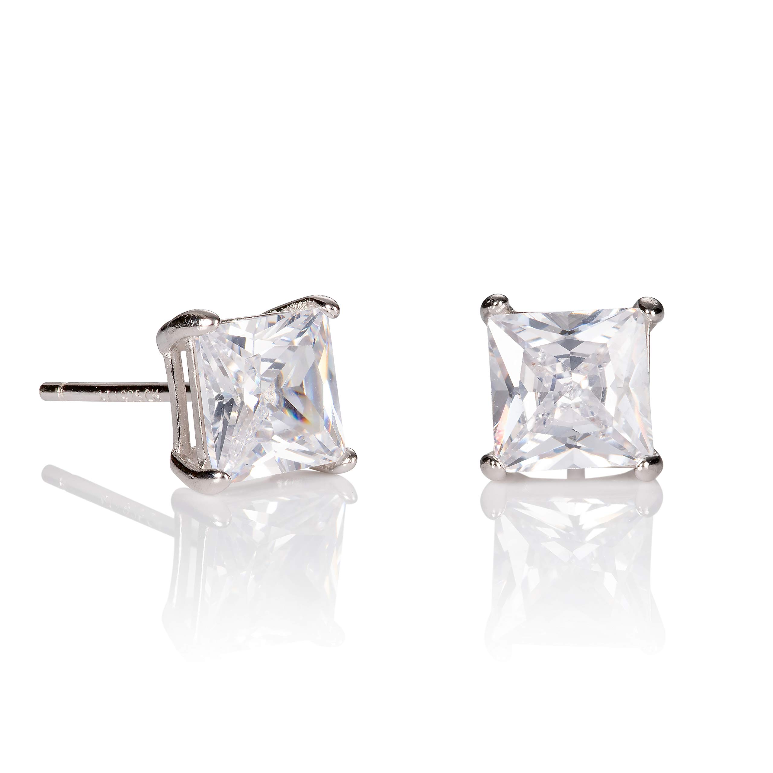 Namana Sterling Silver Square Stud Earrings, Men's Studs with 6 mm Square Cubic Zirconia, White Stones, Jewellery Gifts