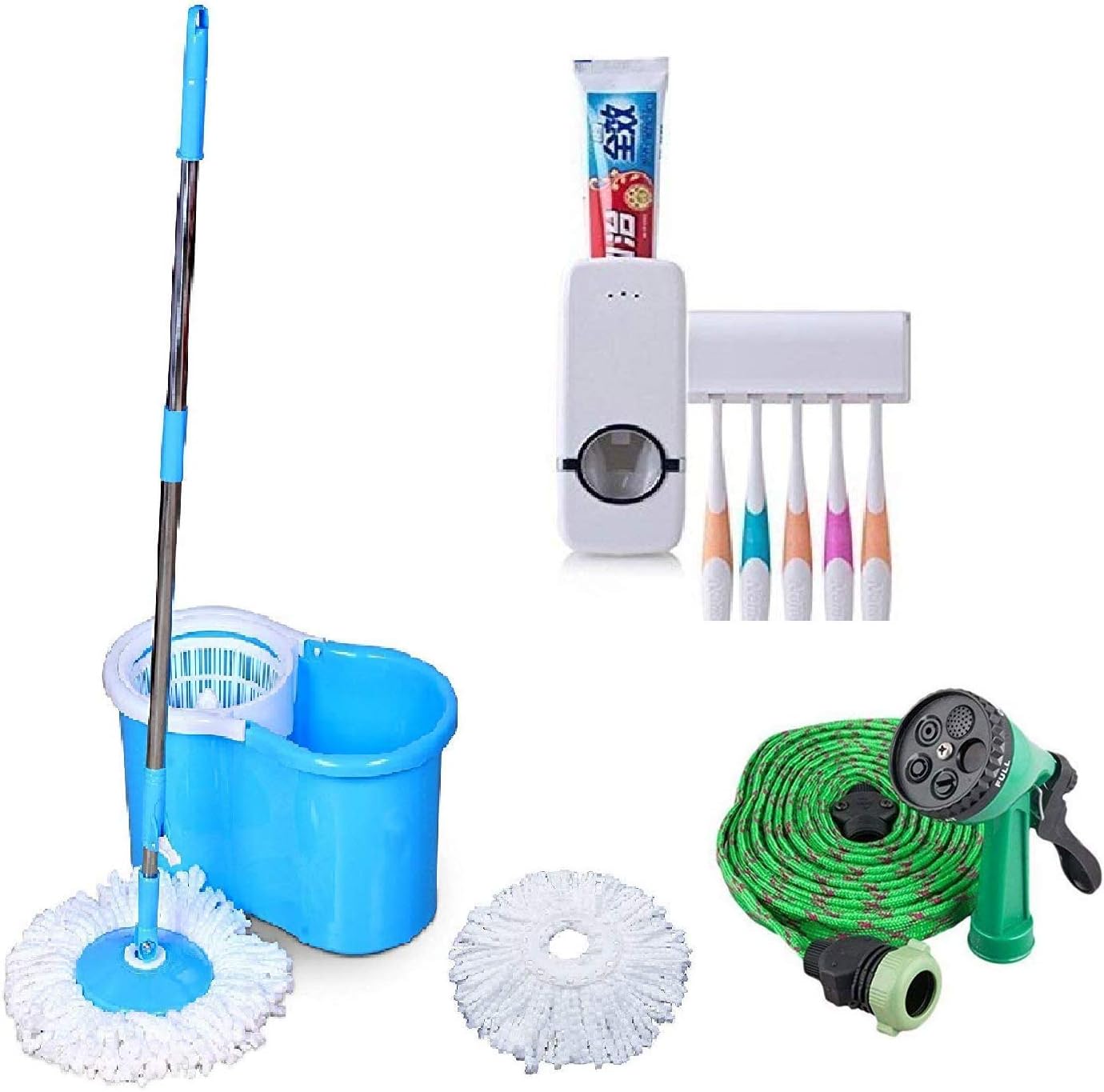 Anva Combo of Magic Floor Mop 360 Degree Bucket, Plastic Toothpaste Dispenser Automatic with 5 Toothbrush Holder and Water Spray Gun (Color According to Stock Availability)