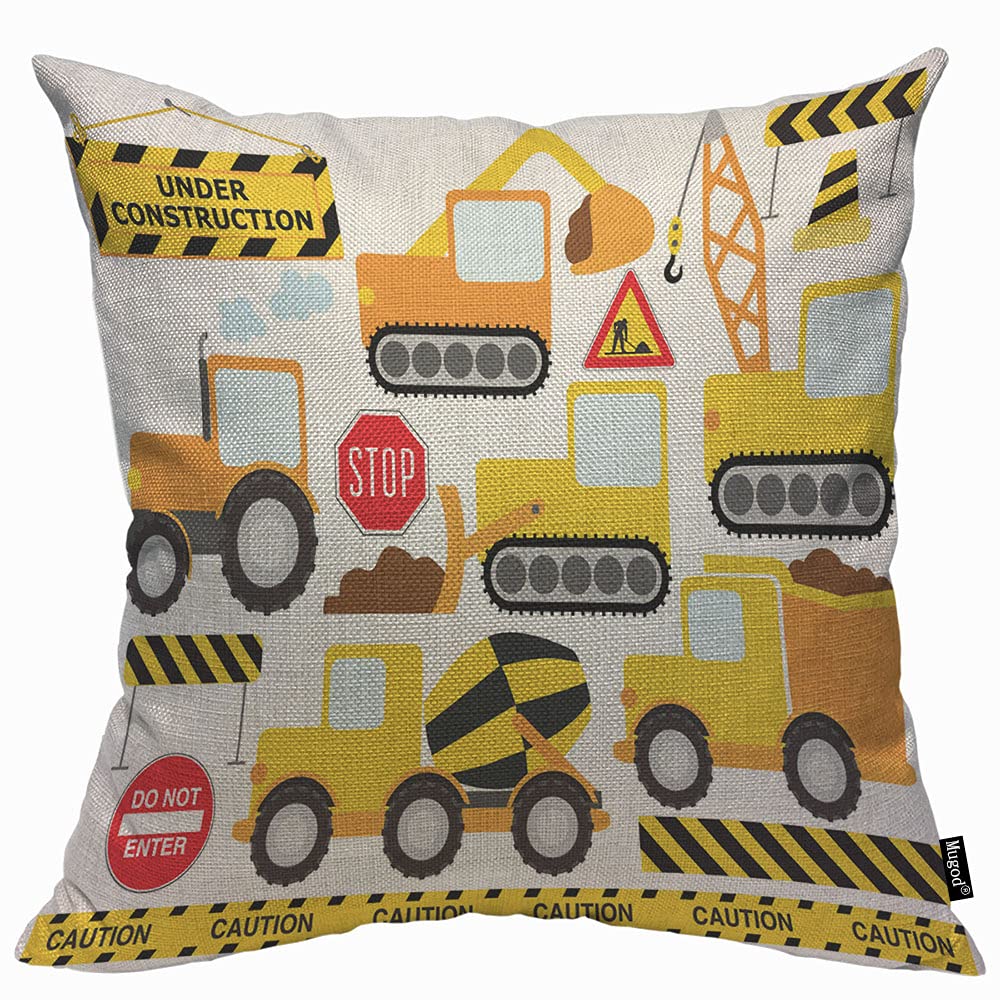 Mugod Cartoon Construction Label Cushion Cover Throw Pillow Covers Crew Vehicles Truck Chevron Sign Equipment Pillow Case for Men Women Decorative Home Sofa Chair Couch 45x45cm/18x18 Inch