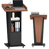 Baoz 15&deg; Tilted Podium Stand with Storage &amp; Lockable Wheels (Black Brown) | Wooden Lectern with Adjustable Shelf, Mobile Portable Pulpit for Classroom, Church, Office, Rolling Host Stand for Reception