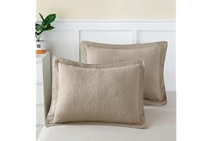 WINLIFE 100% Cotton Quilted Pillow Sham Floral Printed Pillow Cover Khaki/Taupe