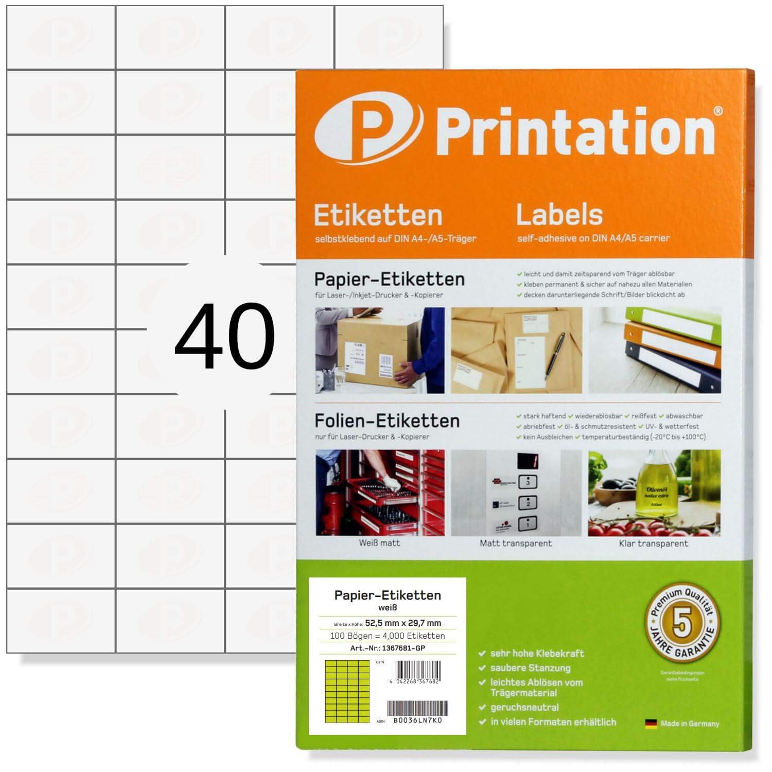 Labels – 52.5 x 29.7 mm Self-Adhesive Pack of 4000 White Printable on 100 A4 Sheets of 4 x 10 Stickers – 4461 LA111 3651