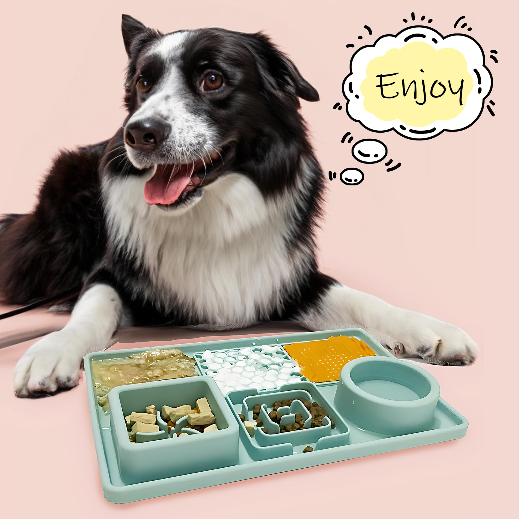 Slow Feeder Dog Bowls, 3-in-1 Food and Water Bowls with Silicone Lick Mat, Non-Skid Silicone Slow Down Eating Lick Pad for Medium Small Sized Dogs, Cats (Green)