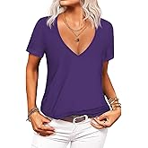 Beyove Sexy Tops for Women Deep V Neck T-Shirt Summer Short Sleeve Going Out Top Vacation Outfits