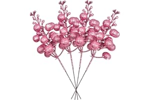 ZEBMOON 36Pcs Pink Christmas Glitter Berries Stems, 7.5 Inch Artificial Christmas Picks, Glitter Berry Branches, Berry Holly Picks Stems for Christmas Tree Ornaments, DIY Xmas Wreath Party Home Decor