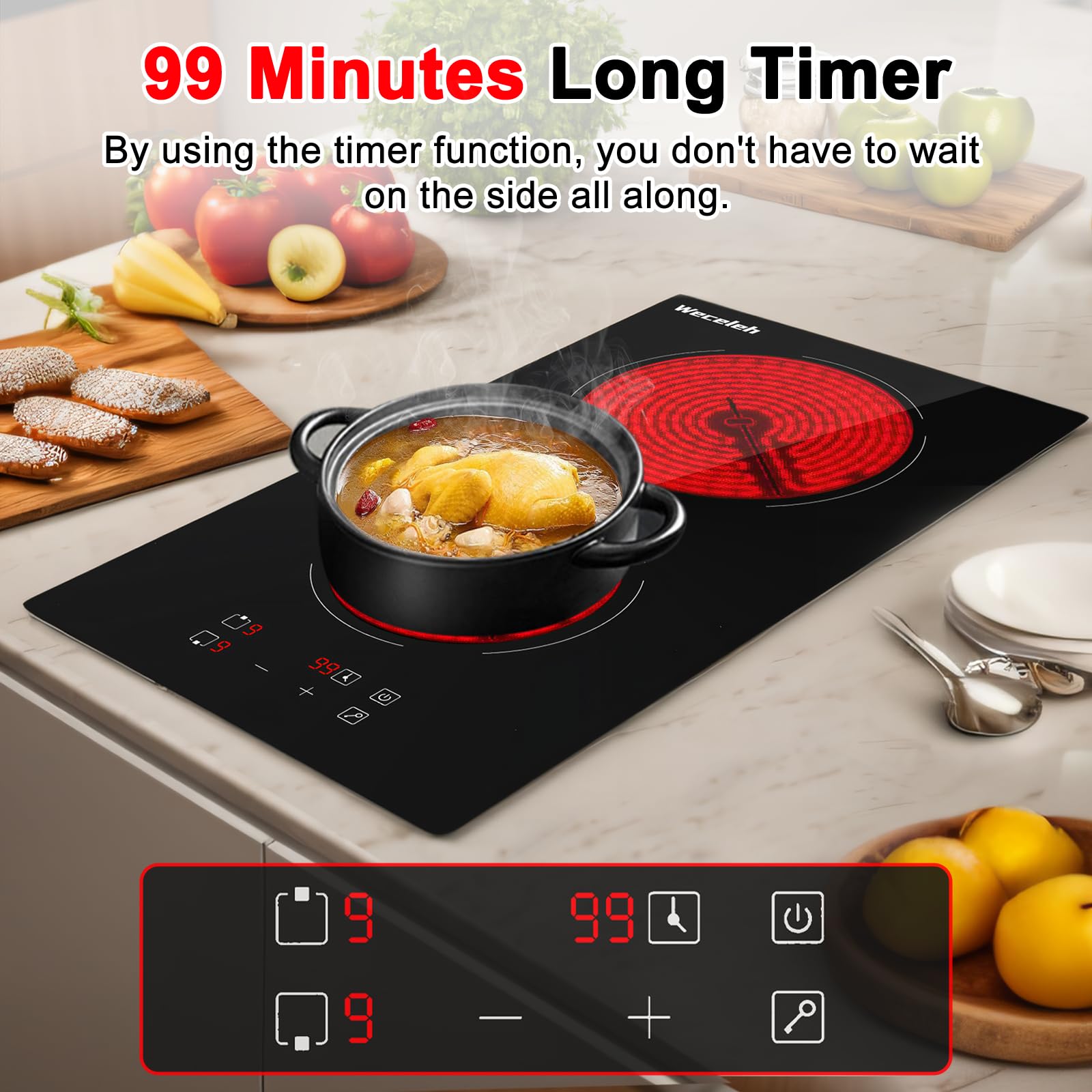 Weceleh 2 Burners Electric Cooktop, 12 inch Built-in 3200W Electric Stove Top, Ceramic Hob with Touch Control, Child Safety Lock, Overheat Protection, Timer, 9 Power Levels, Hard Wire for 220V~240V