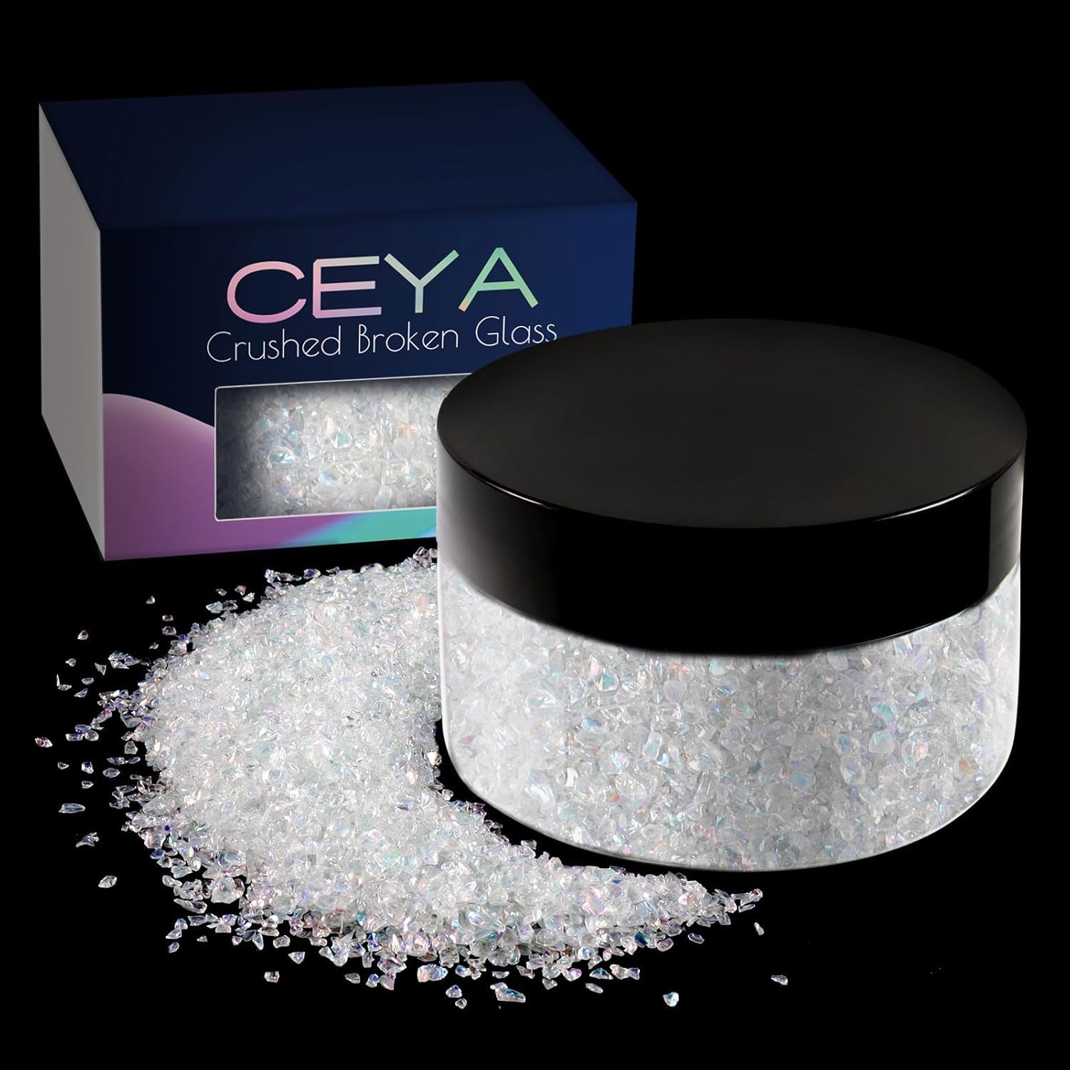 Ceya 5.3oz/ 150g Crushed Irregular Glass Colorful White Crystal Chips Broken Glass Glitter 2-4mm Craft Glitter for Nail Arts Epoxy Resin Mold Coasters Ornament Painting Geode Phone Case Jewelry Making