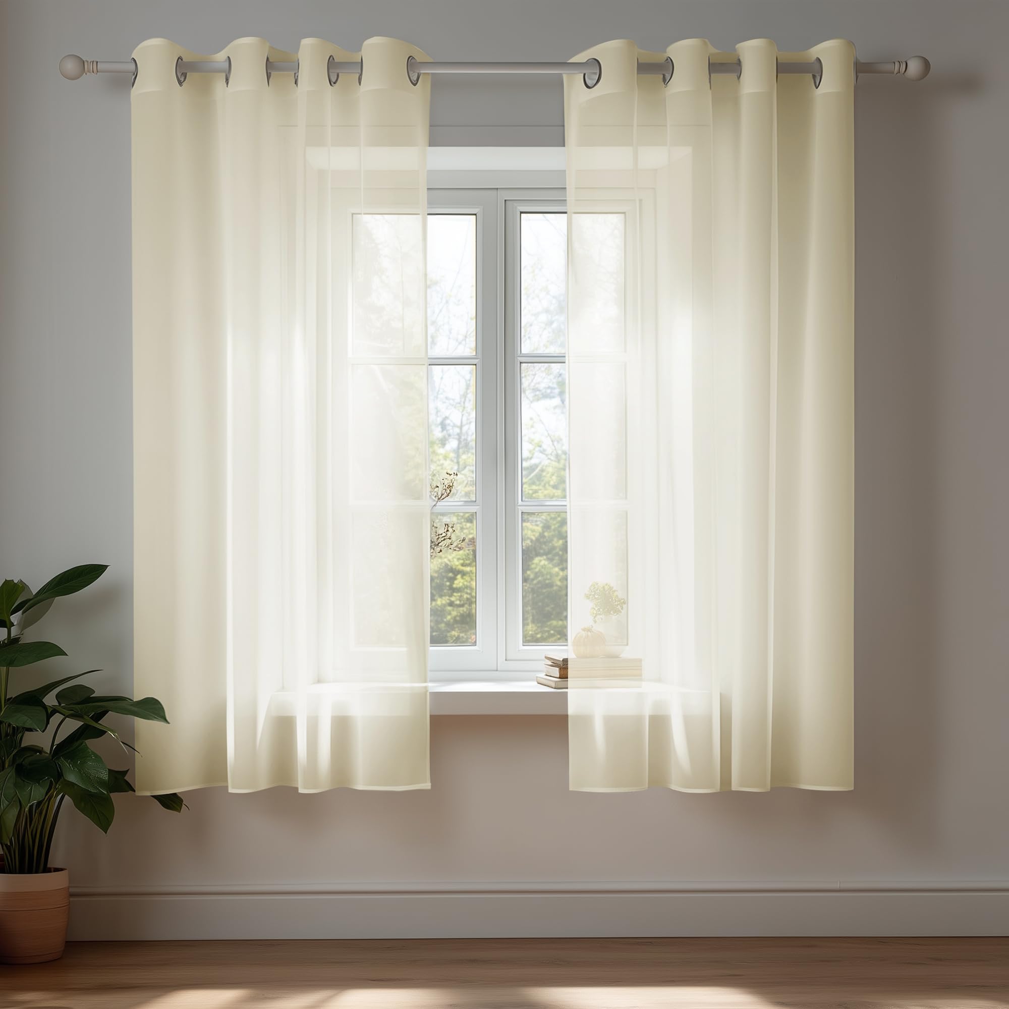 Deconovo Soild Eyelet Semi Transparent Net Curtains, Super Soft Voile Curtains, Decorative Sheer Curtans for Kitchen, 55 x 48 Inch(Width x Length), Beige, 2 Panels