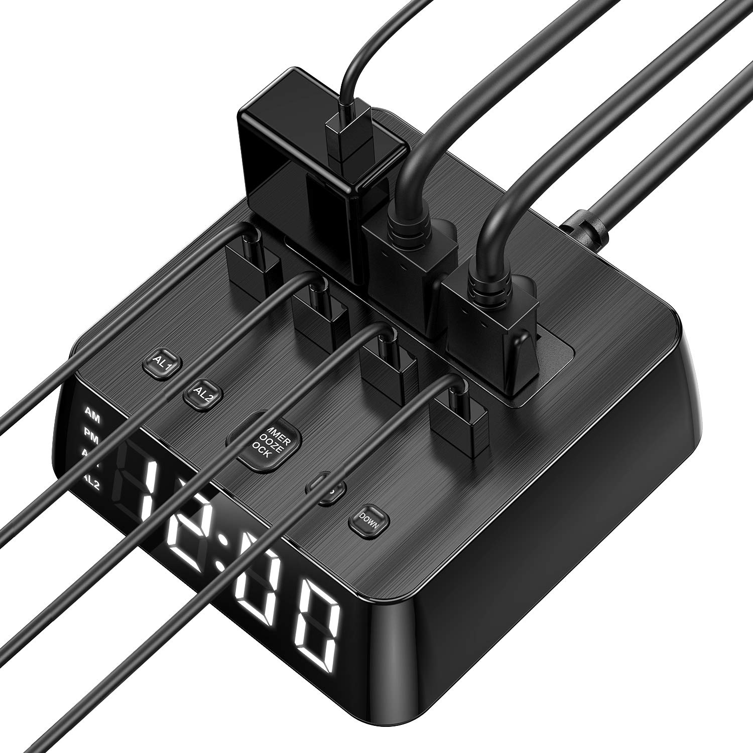 Yostyle Alarm Clock Charger w/4 USB Ports & 3 AC Outlets, 6ft Power Cord Charging Station Power Strip for Hotel Home,UL Tested (Dual Alarm,4 Dimmer Brightness,Snooze,ON/Off Switch,Battery Backup)