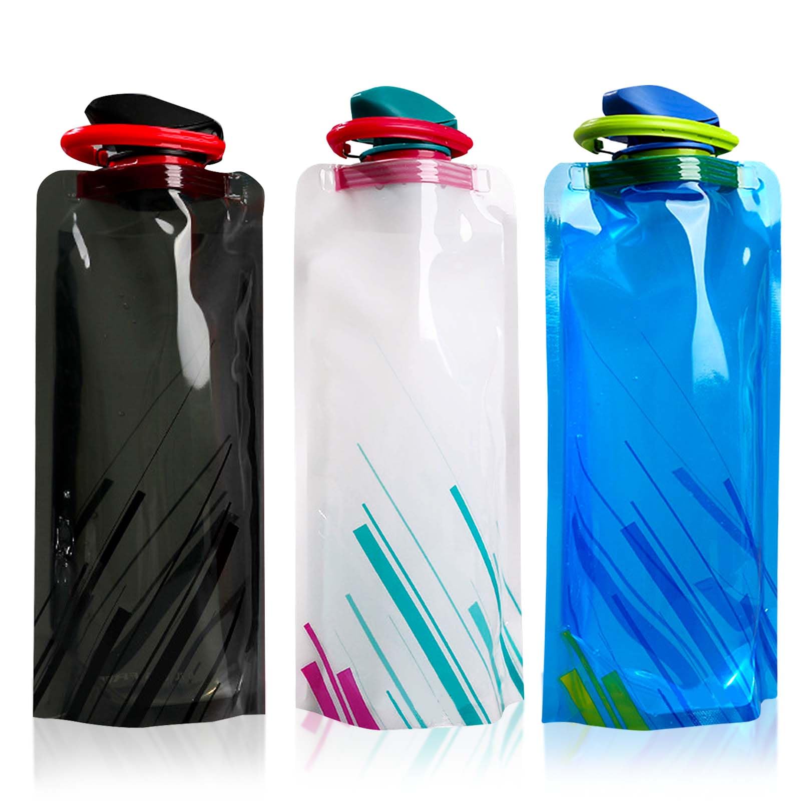 AWAVM 3PCS Foldable Portable Water Bottle, Reusable Water Storage Bag, Outdoor Water Bottle, Cycling, Sports, Hiking (Blue and Black)