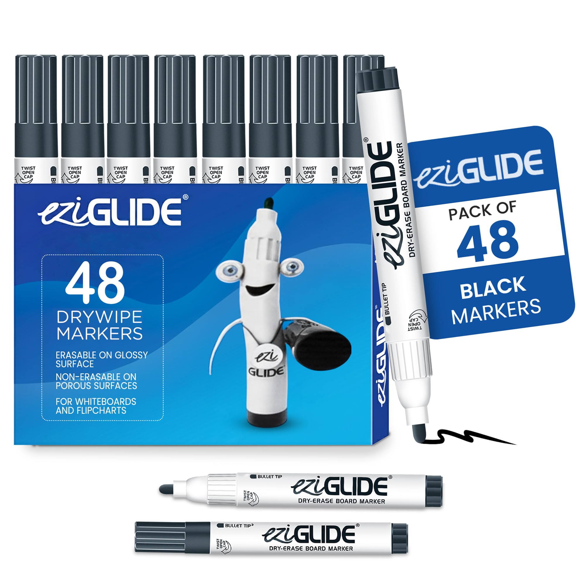 Eziglide Black Bullet Tip Drywipe Whiteboard Pens, Bulk Pack of 48 Black Markers, No Residue Ink, Hard-wearing Fibre Bullet Tip Dry Wipe Pen, Ideal for School, Home and Work