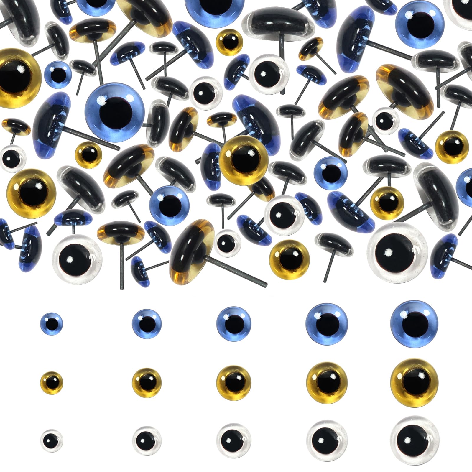 TOAOB 150pcs 3 Colors Glass Eyes Craft Eyes 6mm 8mm 9mm 10mm 12mm for Making Needle Felting Crafts