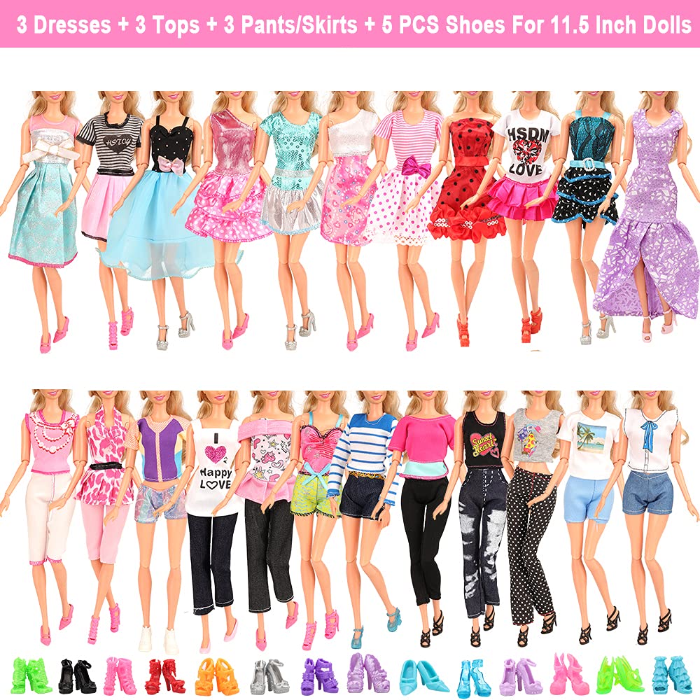 Miunana Lot 22 pcs Random Doll Clothes and Shoes Set for 11.5 inch Doll, Includ 3 PCS Boy Clothes + 5 Girl Clothes + 2 Girl Fashion Skirts + 2 Pairs for Boy Shoes + 10 Pairs of Girl Doll Shoes