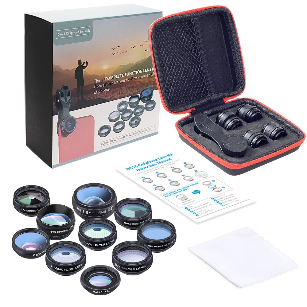 Phone Lens Kit, JoyGeek Universal 10-in-1 Camera Lens Kit 198° Fisheye, Wide & Macro Detachable Lens, 2x Telephoto, Kaleidoscope 3/6, Flow/4-Line Star/Radial Filter/CPL Clip-on Lens for Most of Smart Phones and Tablets