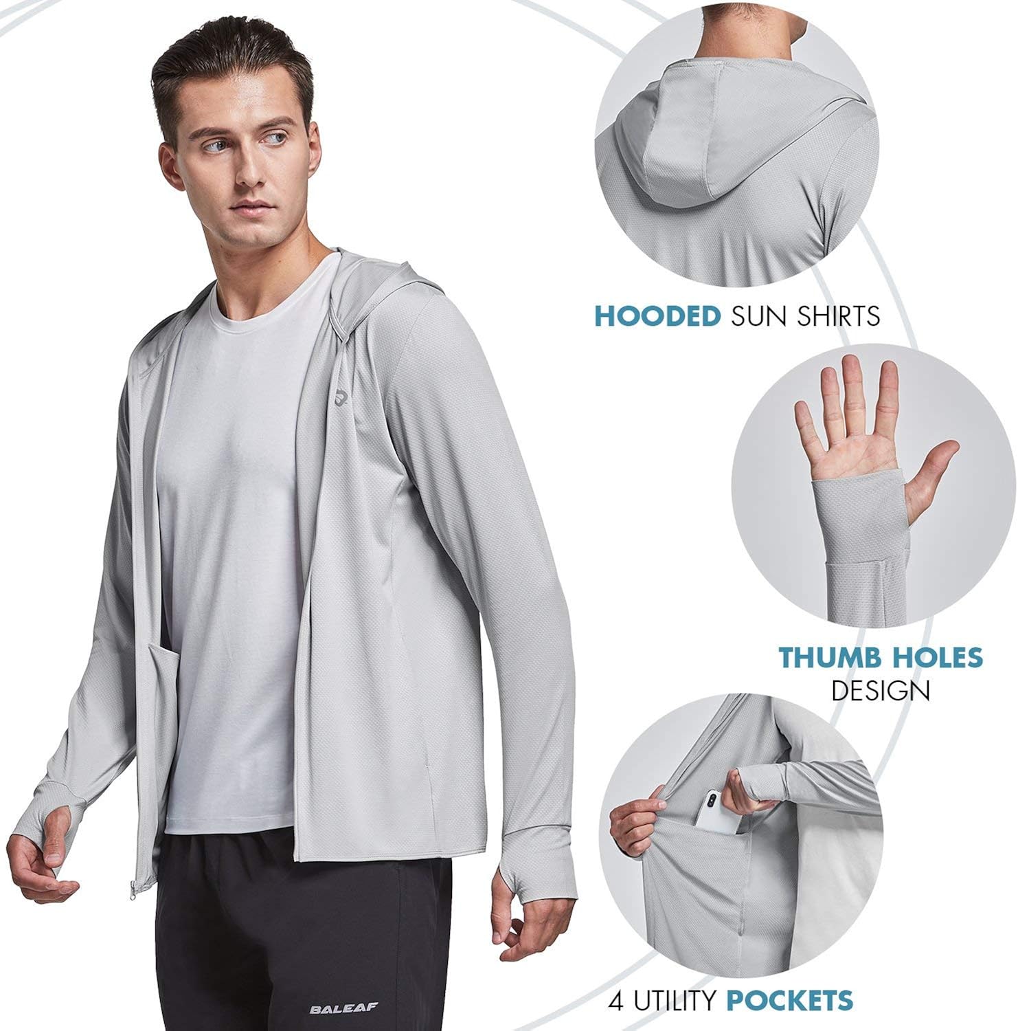 BALEAF Men's UPF 50+ Full Zip Light Jacket Hooded Cooling Shirt with Pocket Quick Dry Hiking Fishing Outdoor Performance at  Men’s Clothing store