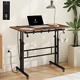 SIDUCAL Mobile Standing Desk with Charging Station, Portable Desk for Walking Pad, Adjustable Computer Workstation with Wheels, Office Table Stand with Tilted Desktop 23.62" D X 31.5" W Rustic Brown