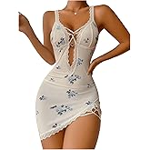 SHENHE Women's Ribbed Deep V Neck Floral Print Lace Trim Sexy Nightgown Chemise Slip Dress