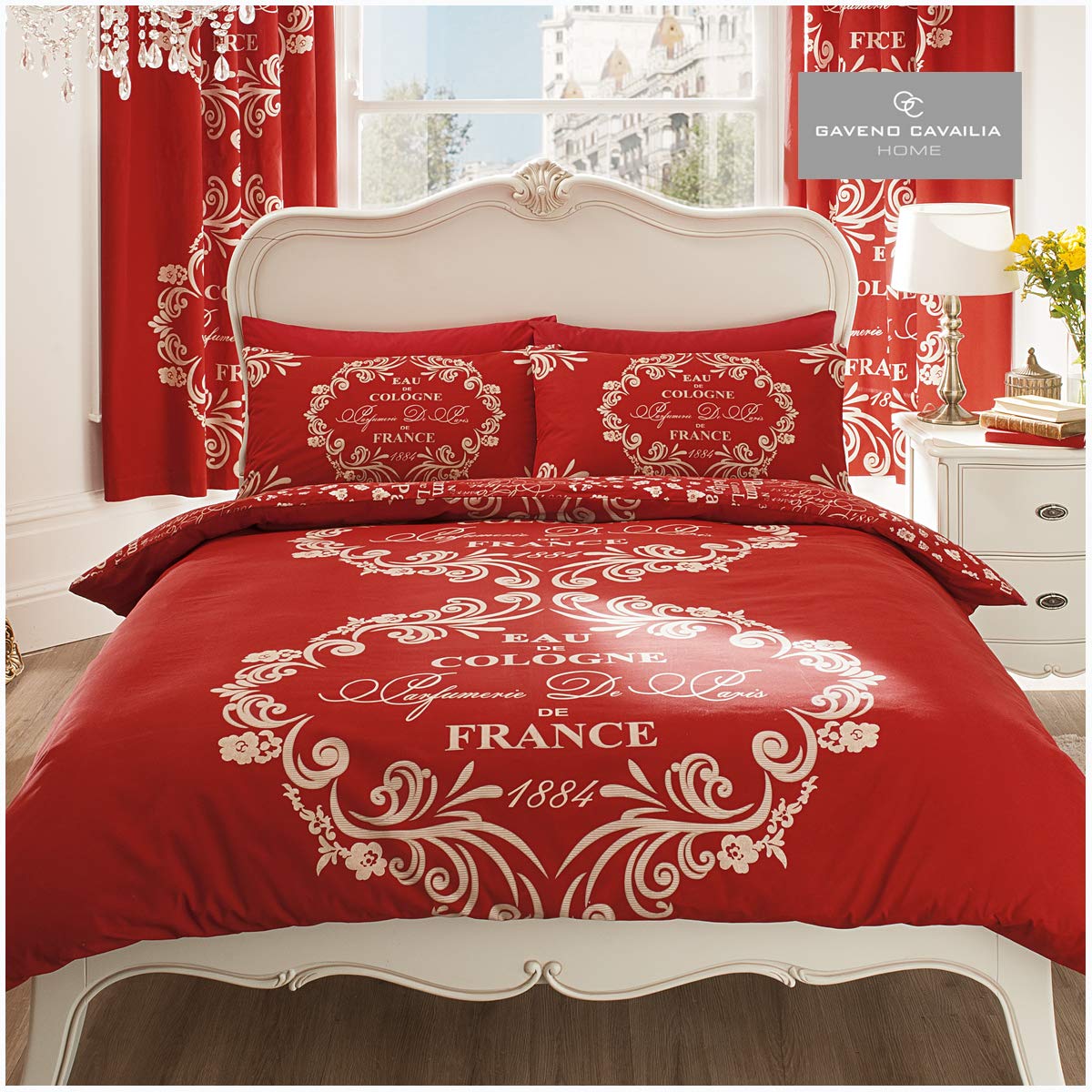 GC GAVENO CAVAILIA Premium Script Duvet Cover, Reversible Soft & Cosy Quilt Bedding Set, Luxury Bedroom Accessory, Red, Kingsize, Polycotton, KING
