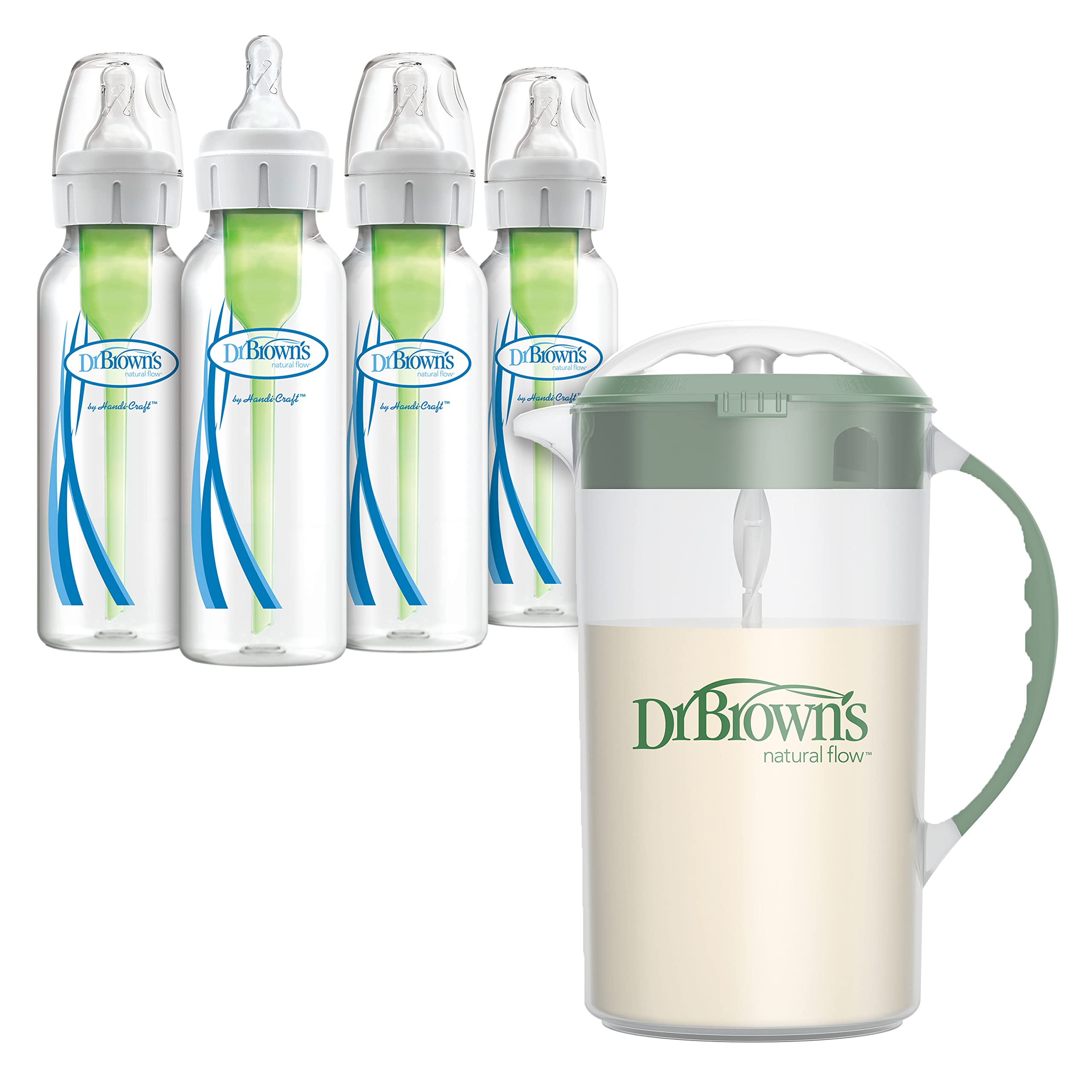 Dr. Brown's Baby Formula Mixing Pitcher 36 oz, Olive with Anti-Colic Options+ Narrow Baby Bottles, 4 Pack, 8 oz Image
