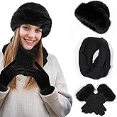Women Winter Warm Set Black Furry Bucket Hat Knitted Scarf Touchscreen Gloves Fluffy Warm Winter Gifts for Women(Black)