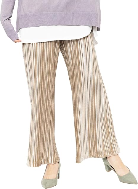 Amazon ミリアンデニ レディース ボトムス プリーツ ベロアパンツ ウエストゴム ロングパンツ シャンパングレージュ M ロングパンツ 通販