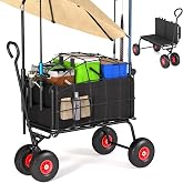 3 in 1 Fishing Cart, Heavy Duty Garden Carts w/All Terrain Inflatable Tires, Folding Wagon Cart, Convert to Chair or Bench with Cushion, Rod Holders and Durable Oxford Bag, Supports 600LBS