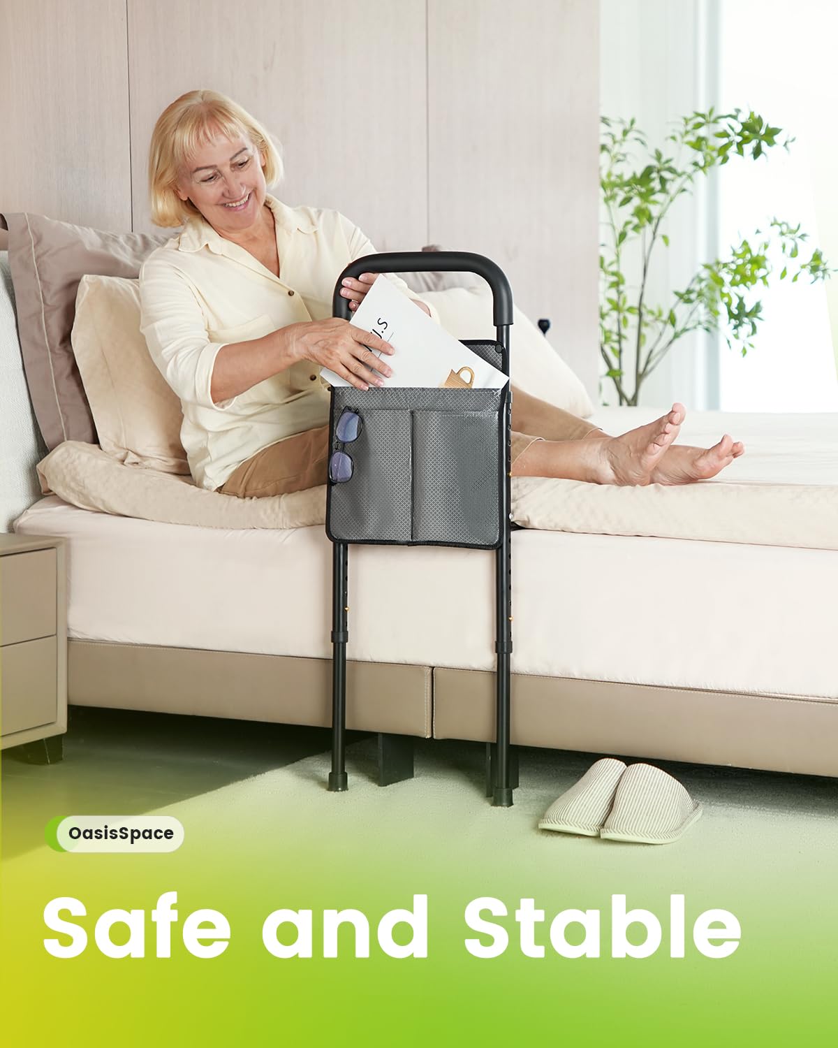 OasisSpace Bed Assist Rail - Bed Assist bar with Storage Pocket - Adjustable Bed Rails for Seniors, Elderly, Handicap - Assistance for Getting in & Out of Bed At Home - Fit Queen, King, Full, Twin
