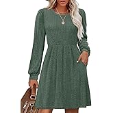 OFEEFAN Christmas Dress Fall Crew Neck Long Sleeve Dresses for Women 2025 Green M