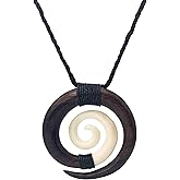 81stgeneration Hand-Carved Bone and Wood Koru Spiral Pendant Necklace - Maori-Style Adjustable Cord Necklace for Men - Women's Wooden Amulet - Handmade Tribal Statement Surfer Jewelry