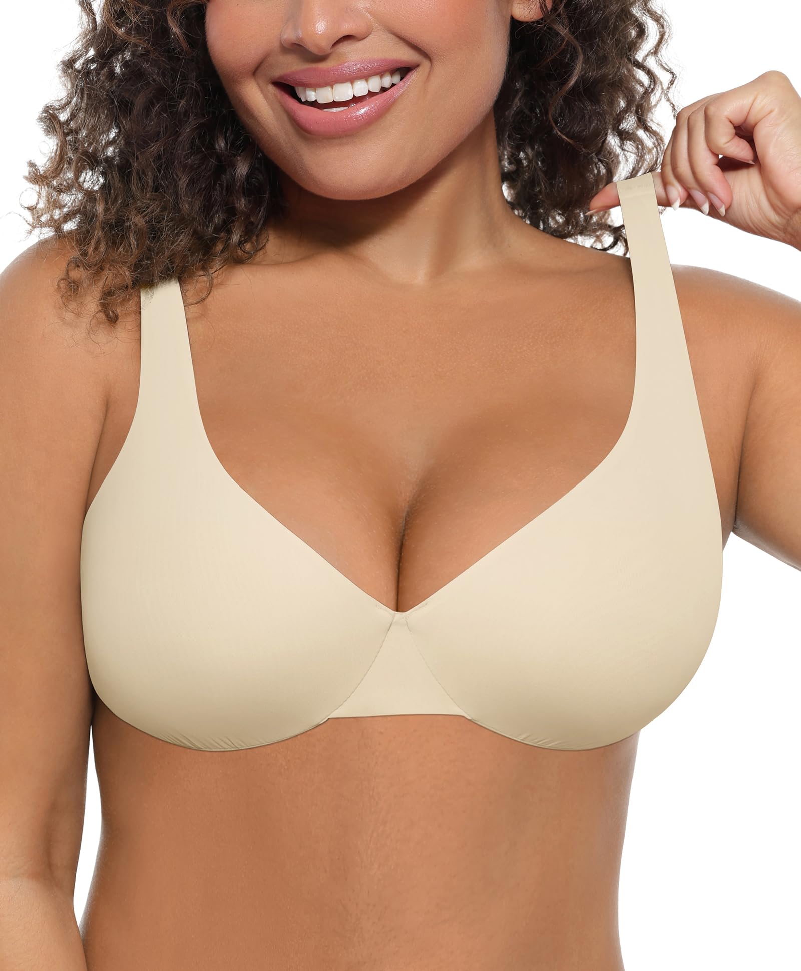Photo 1 of FeelinGirl Women's Full Coverage Unlined Non Padded Plunge Bras Comfort Underwire Bras for Women Daily Wear Beige 36D