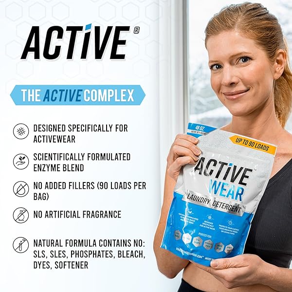 ACTIVE WEAR LAUNDRY DETERGENT & SOAK – FORMULATED FOR SWEAT AND WORKOUT CLOTHES – NATURAL PERFORMANCE CONCENTRATE ENZYME BOOSTER DEODORIZER – POWDER WASH FOR ACTIVEWEAR GYM APPAREL (90 LOADS)